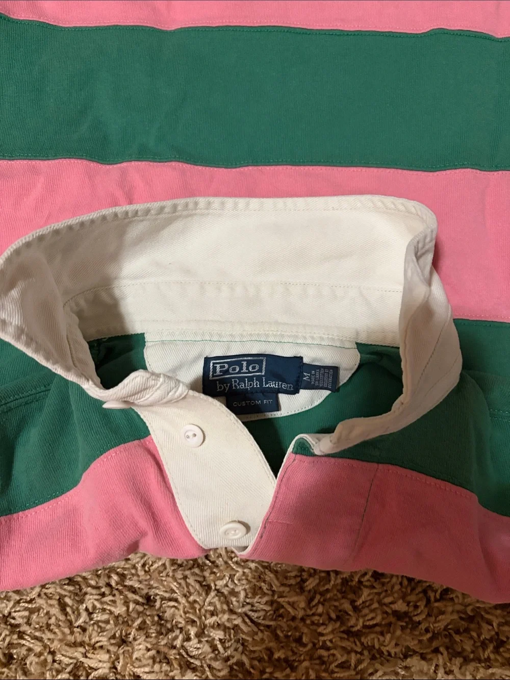 Polo by Ralph Lauren Men's/Unisex Green & Pink Striped Rugby Shirt Vintage 90s